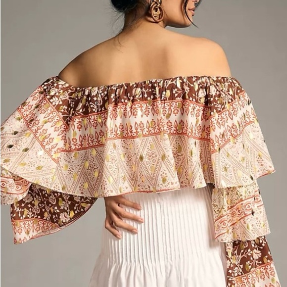 Anthropologie Pink and Cream Off-the-Shoulder Crop Blouse - Picture 11 of 11